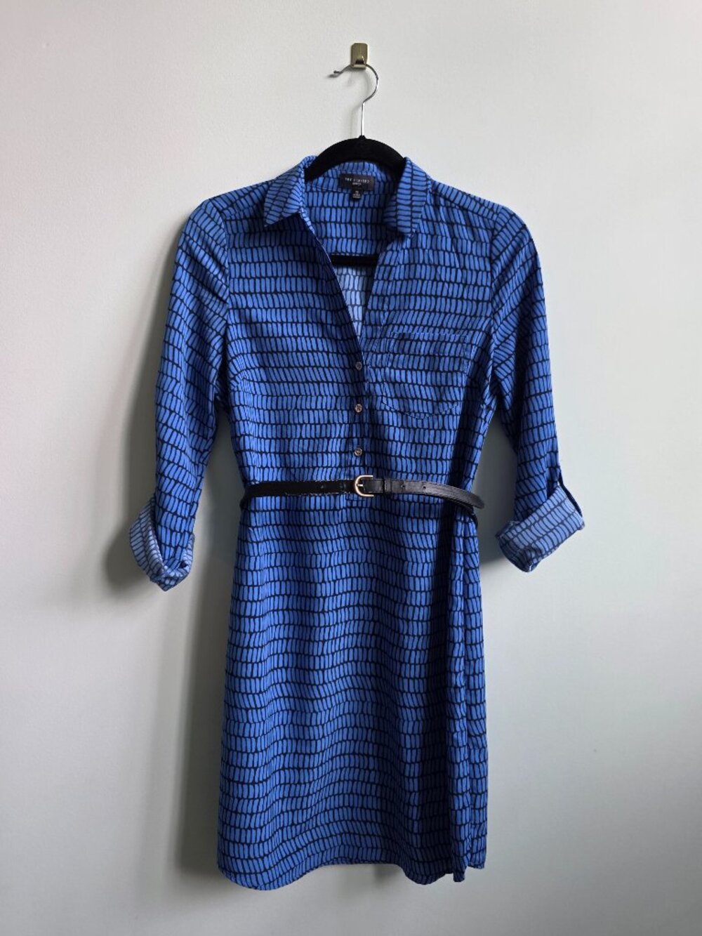 The Limited Blue & Black Abstract-Print Roll-Tab Sleeve Shirt Dress, Size XS